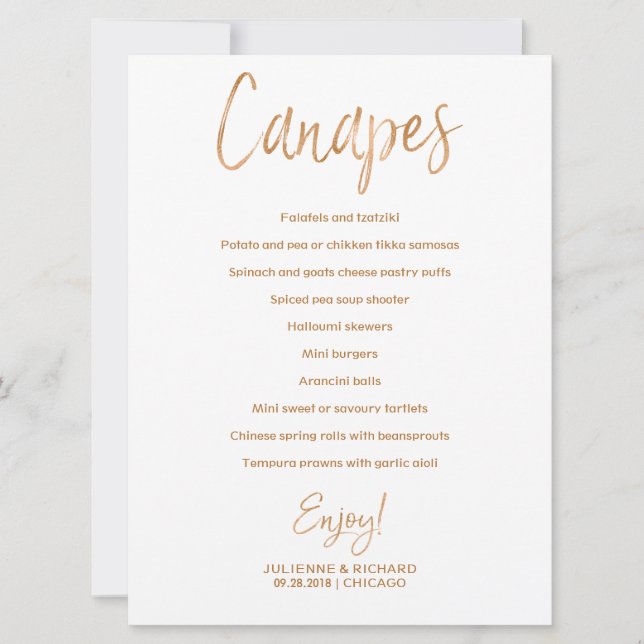 Invitación Menú Canapes de boda | Rosa de oro elegante con le (Anverso)