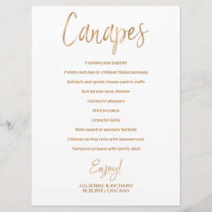 Invitación Menú Canapes de boda Rosa de oro elegante con le
