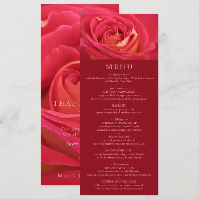 Invitación Menú Celebración de cumpleaños Rosa (Anverso / Reverso)