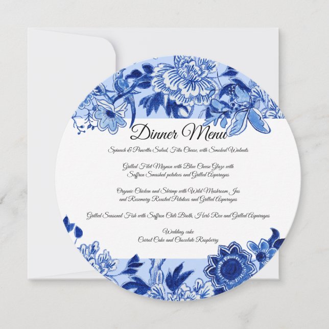 Invitación Menú cena con flores azules de la influencia asiát (Anverso)