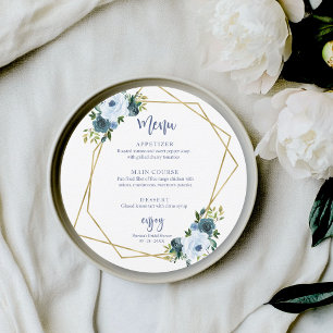 Invitación Menú Circular para Bridal Shower Floral en Azul Po