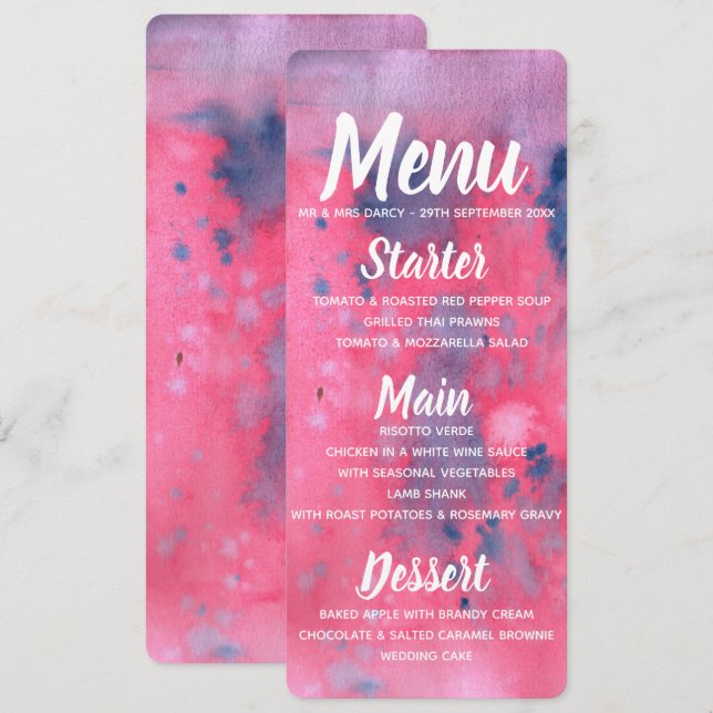 Invitación Menú Color de agua morado y rosa (Anverso / Reverso)