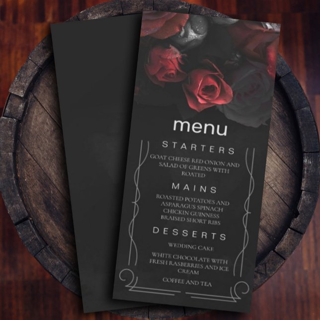 Invitación Menú Dark Moody Black Red Florals ( burgundy red roses with dark style for added unique decor. #menu #redandblackwedding #dark)