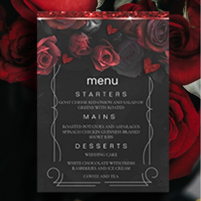 Invitación Menú Dark Moody Black Red Florals (#ZAZZLEMADE #redflowersmenu #redflowersinvitation #darkred #darkinvitation #elegantinvitation)