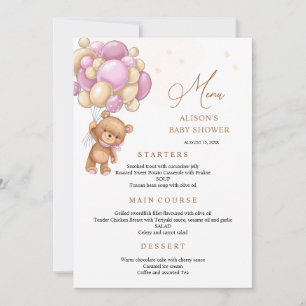 Invitación Menú de Baby Shower con Osito y Globos Rosados