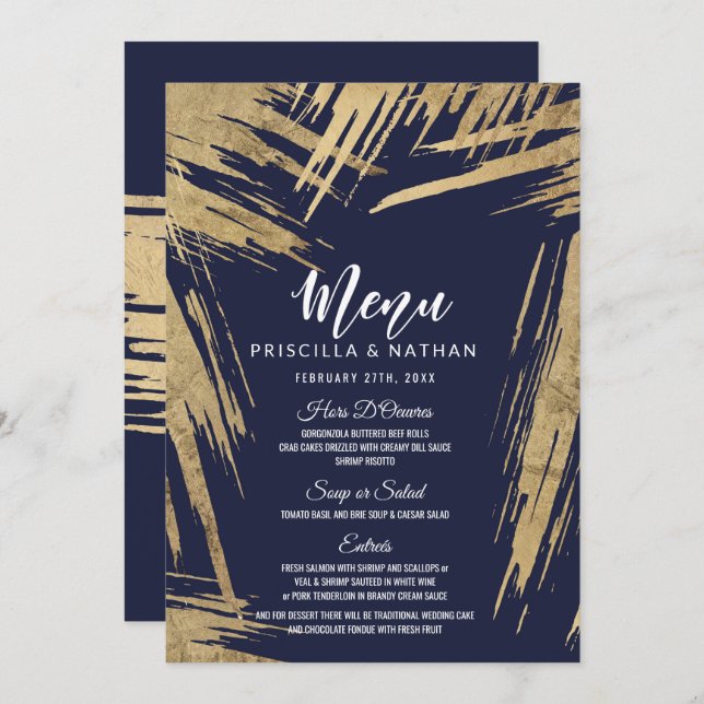 Invitación Menú de Boda Azul Marino con Pinceladas de Oro Mod (Anverso / Reverso)