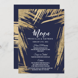 Invitación Menú de Boda Azul Marino con Pinceladas de Oro Mod