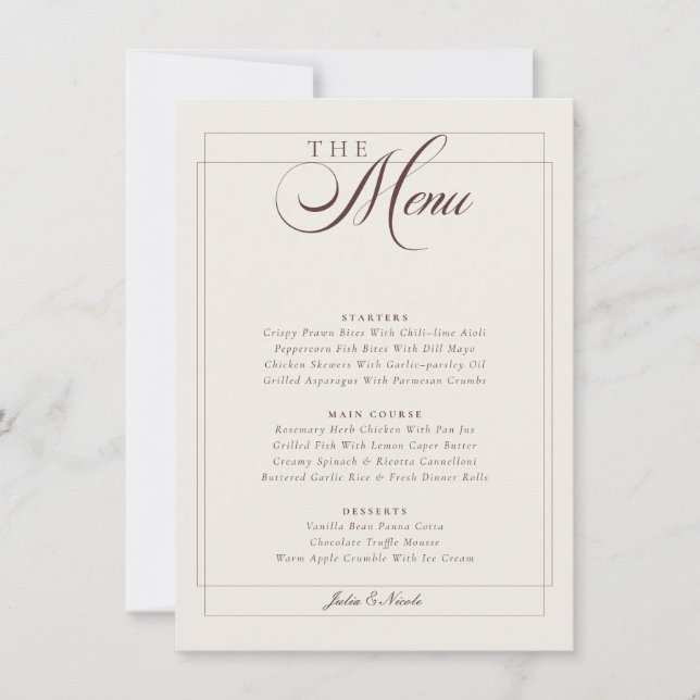 Invitación Menú de Boda Caligrafía Marrón Choco Clásico Marfi (Anverso)