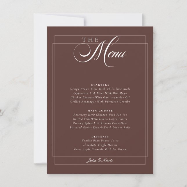 Invitación Menú de Boda Caligrafía Marrón Chocolate Clásico M (Anverso)