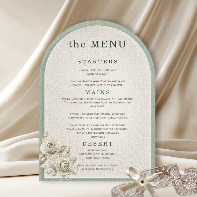 Invitación Menú de Boda con Arco de Encaje en Marfil y Verde  (Subido por el creador)