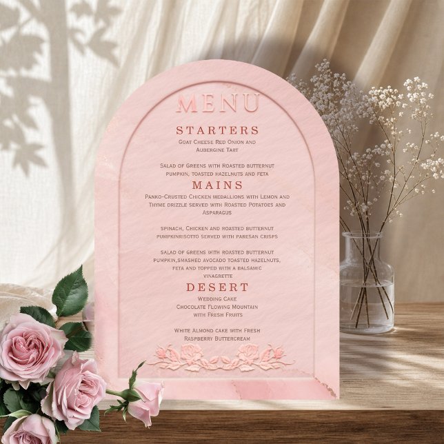 Invitación Menú de Boda con Arco de Rosa Rosada con Relieve (Subido por el creador)