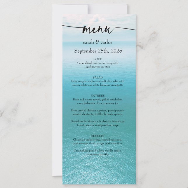 Invitación Menú de boda con guión de playa de acuarela del oc (Anverso)