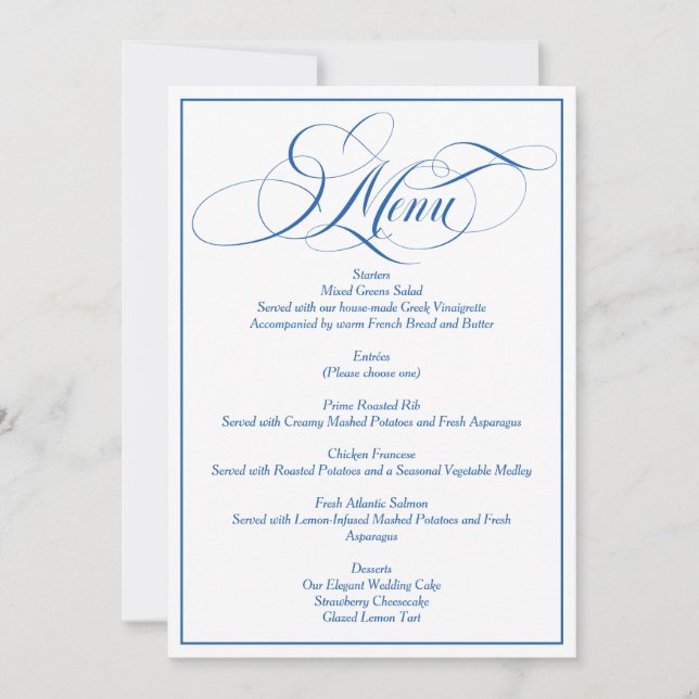 Invitación Menú de boda con letra elegante azul (Anverso)