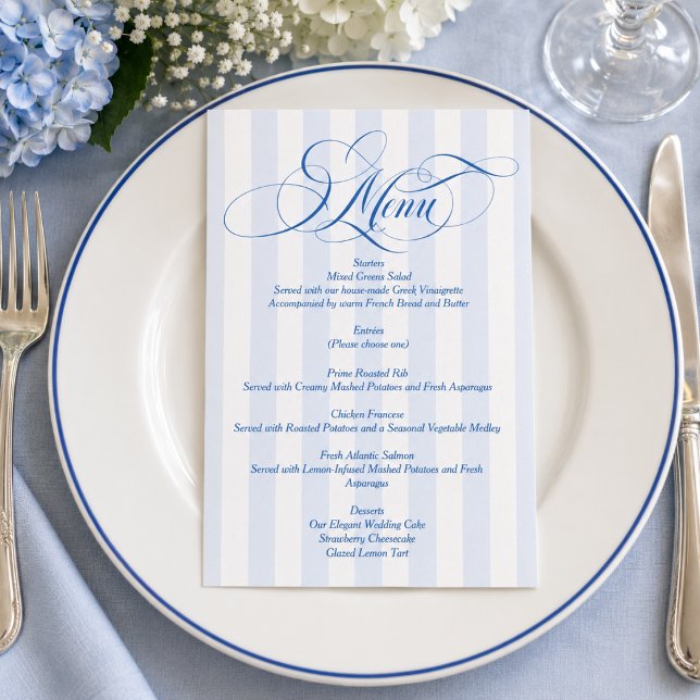 Invitación Menú de boda con letra elegante rayada azul (Subido por el creador)