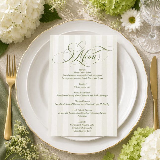 Invitación Menú de boda con letra elegante rayado verde (Subido por el creador)