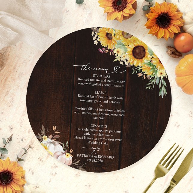 Invitación Menú de Boda de Círculo de Girasoles y Calabazas d (Subido por el creador)