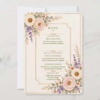 Invitación Menú de Boda de Flor Silvestre Elegante.