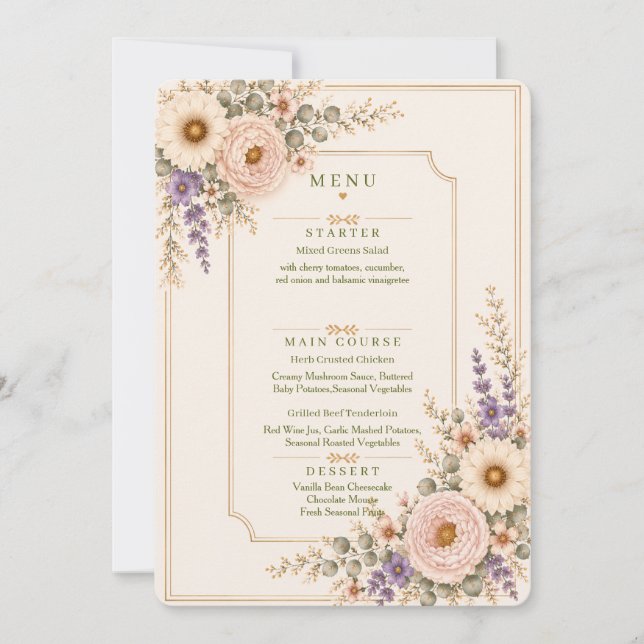 Invitación Menú de Boda de Flor Silvestre Elegante. (Anverso)