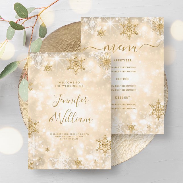 Invitación Menú de Boda de Invierno de Esparkle Gold festivo (Festive Sparkle Gold Winter Wedding Menu Invitation)
