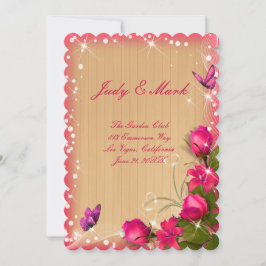 Invitación Menú de Boda de Madera Rústica con Flores Rosadas