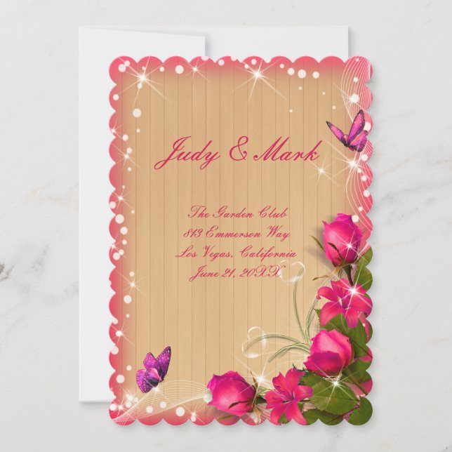 Invitación Menú de Boda de Madera Rústica con Flores Rosadas  (Anverso)