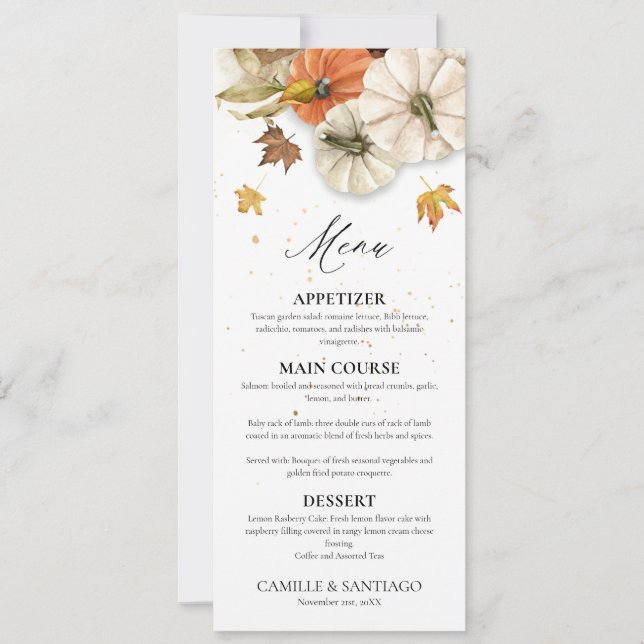 Invitación Menú de Boda de Otoño Elegante (Anverso)