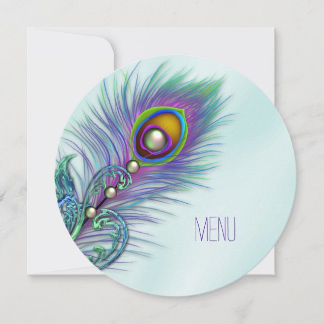 Invitación Menú de Boda de Pavo Real Morado y Azul Turquesa (Anverso)