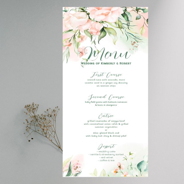 Invitación Menú de boda de rosas rosadas pastel con marco (Subido por el creador)