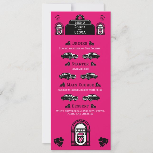 Invitación Menú de Boda Diner Retro de los 50 (Anverso)