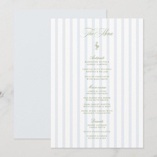 Invitación Menú de Boda Elegante a Rayas Verdes y Azules (Anverso / Reverso)