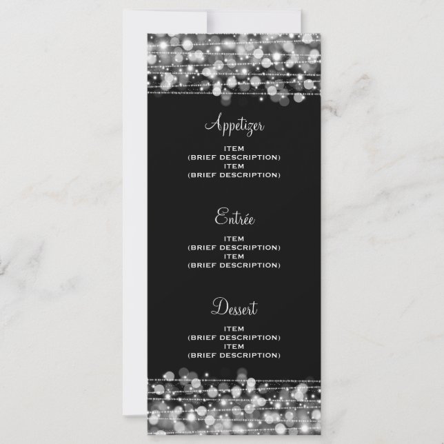 Invitación Menú de Boda Elegante con Destellos de Plata (Anverso)