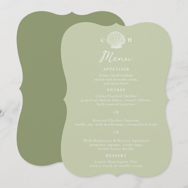 Invitación Menú de Boda en Verde Salvia con Soporte Troquelad (Anverso / Reverso)