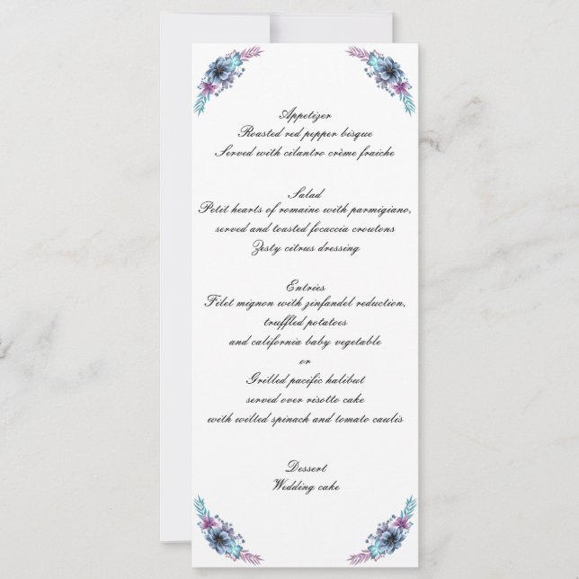 Invitación Menú de Boda Floral Acuarela Azul y Púrpura (Anverso)