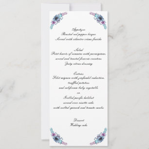 Invitación Menú de Boda Floral Acuarela Azul y Púrpura