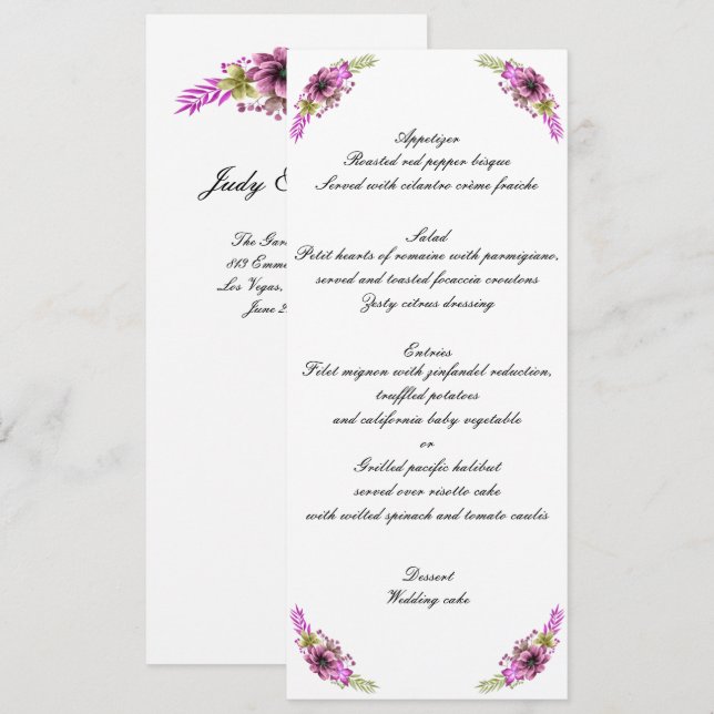 Invitación Menú de Boda Floral Acuarela Rosa y Verde (Anverso / Reverso)