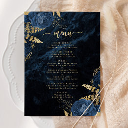 Invitación Menú de Boda Floral Azul Marino Elegante con Dorad