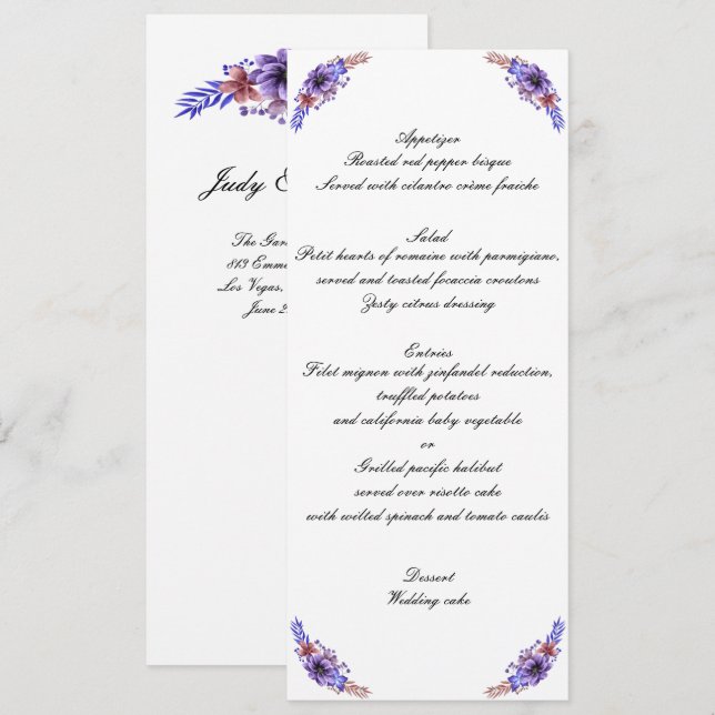 Invitación Menú de Boda Floral con Acuarela Morado y Azul (Anverso / Reverso)