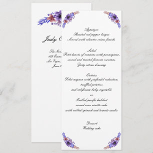 Invitación Menú de Boda Floral con Acuarela Morado y Azul