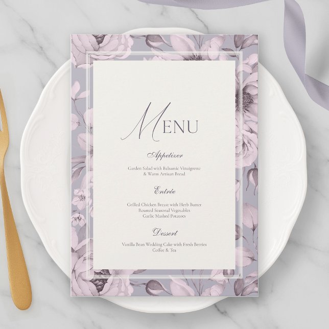 Invitación Menú de boda floral gris lavanda (Subido por el creador)