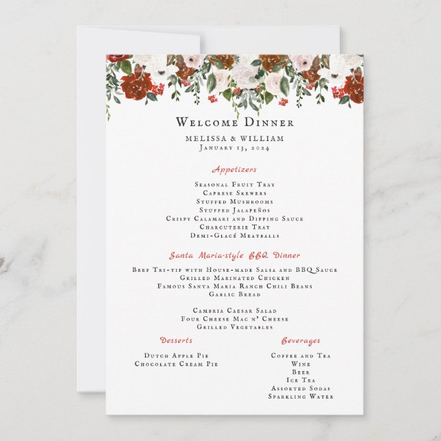 Invitación Menú de Boda Floral Rústico | Botánico Boho (Anverso)