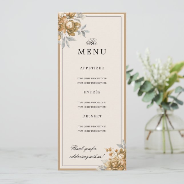 Invitación Menú de boda floral rústico natural dorado elegant (Anverso de pie)