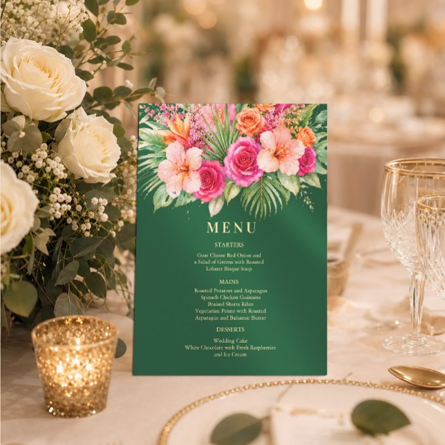 Invitación Menú de boda floral tropical Colorido (#menuinvitation #pinkorangeinvitation #watercolorflowerstropical #weddingmenu #weddingsummer)