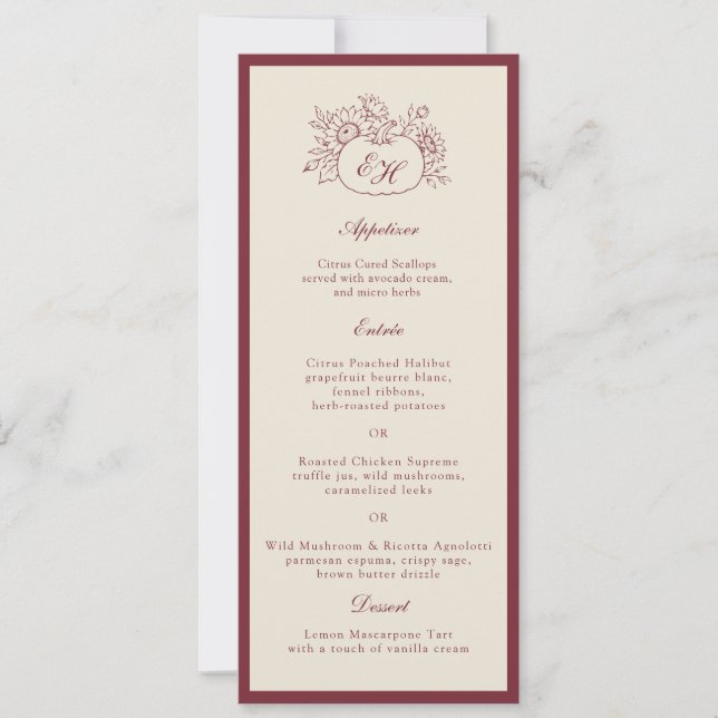 Invitación Menú de Boda Formal de Calabaza Borgoña (Anverso)
