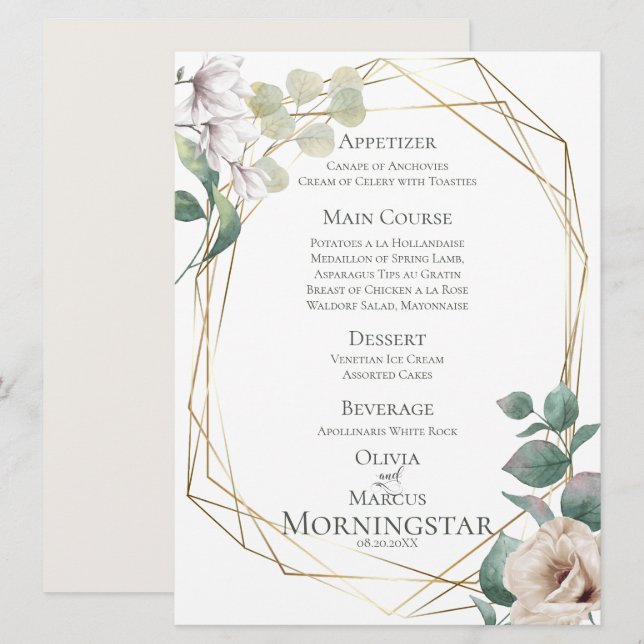 Invitación Menú de boda | Marfil Peonies y Rubor Magnolias (Anverso / Reverso)