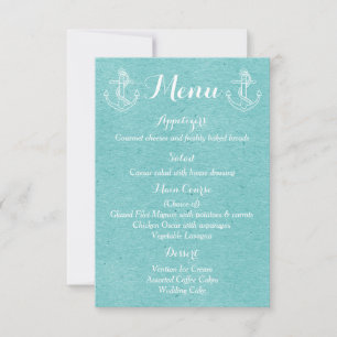 Invitación Menú de boda náutico con ancla y turquesa azul