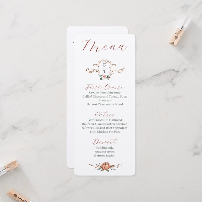 Invitación Menú de Boda Otoñal Romántica con naranja y azules (Anverso/Reverso In Situ)