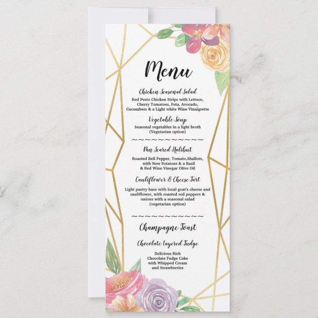 Invitación Menú de Boda Recepción Floral Rústica Marco Dorado (Anverso)