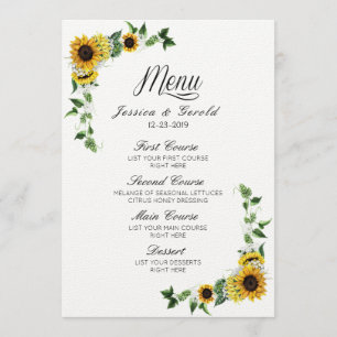 Invitación Menú de Boda Rústica con Girasoles Amarillos en el
