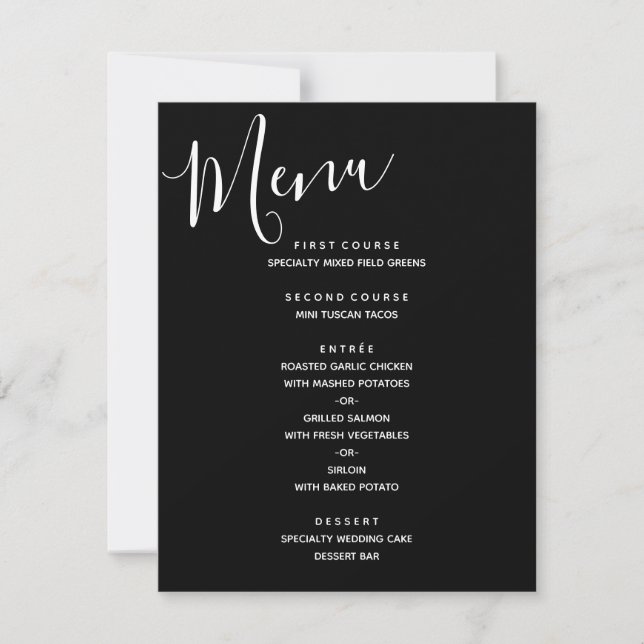 Invitación Menú de Boda Simple Moderno de Blanco y Negro (Anverso)