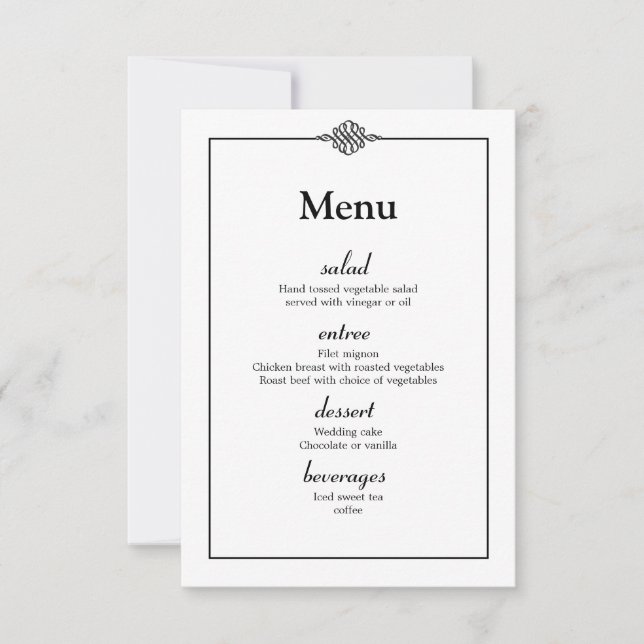Invitación Menú de Boda Simple y Elegante en Blanco y Negro (Anverso)